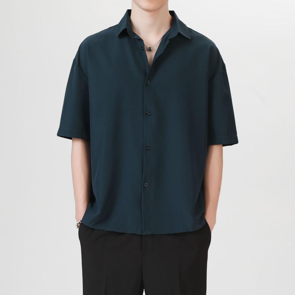 Męska letnia koszula z krótkim rękawem Ice Silk w kolorze czarnym Męska koszula z wysokiej jakości modnej marki Ruffian Handsome Casual