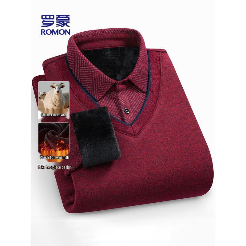 ROMON Men's Fleece-Lined Faux Two-Piece V-Neck Knit Shirt 7Z597812