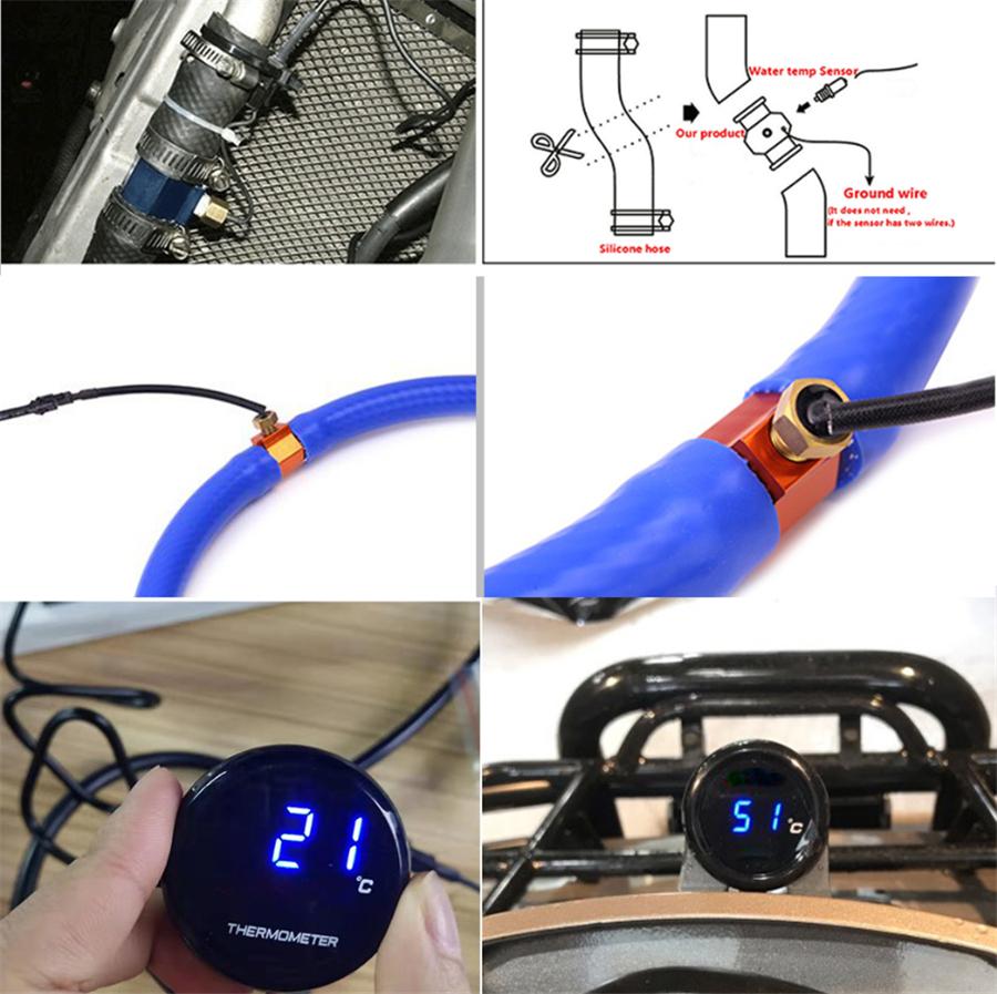 Universal Motorcycle Thermometer Instruments Water Temp Temperature LED Digital Display Gauge Meter With 22mm Temp Temperature Sensor Adapter