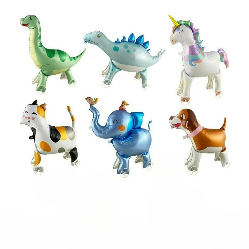 Cartoon Animals Stand Up Aluminum Film Balloons with Wheels Tiger Giraffe Elephant Dinosaur Birthday Party Decoration