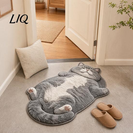 Non-slip Floor Mat Cute Cat Bathroom Rug, Anti-Slip Absorbent Bath Washable Plush Durable Doormat Kitty Door for Entrance Kitchen Home Decor