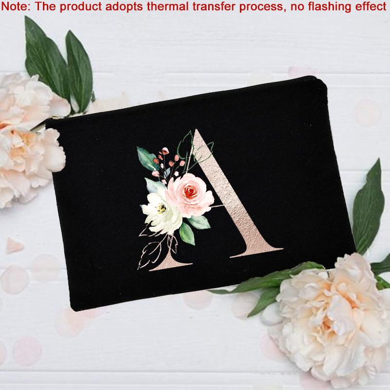 Borsa per il trucco floreale con alfabeto, damigella d'onore, damigella d'onore, festa, matrimonio, addio al nubilato, regalo, in tela, con cerniera, per cosmetici