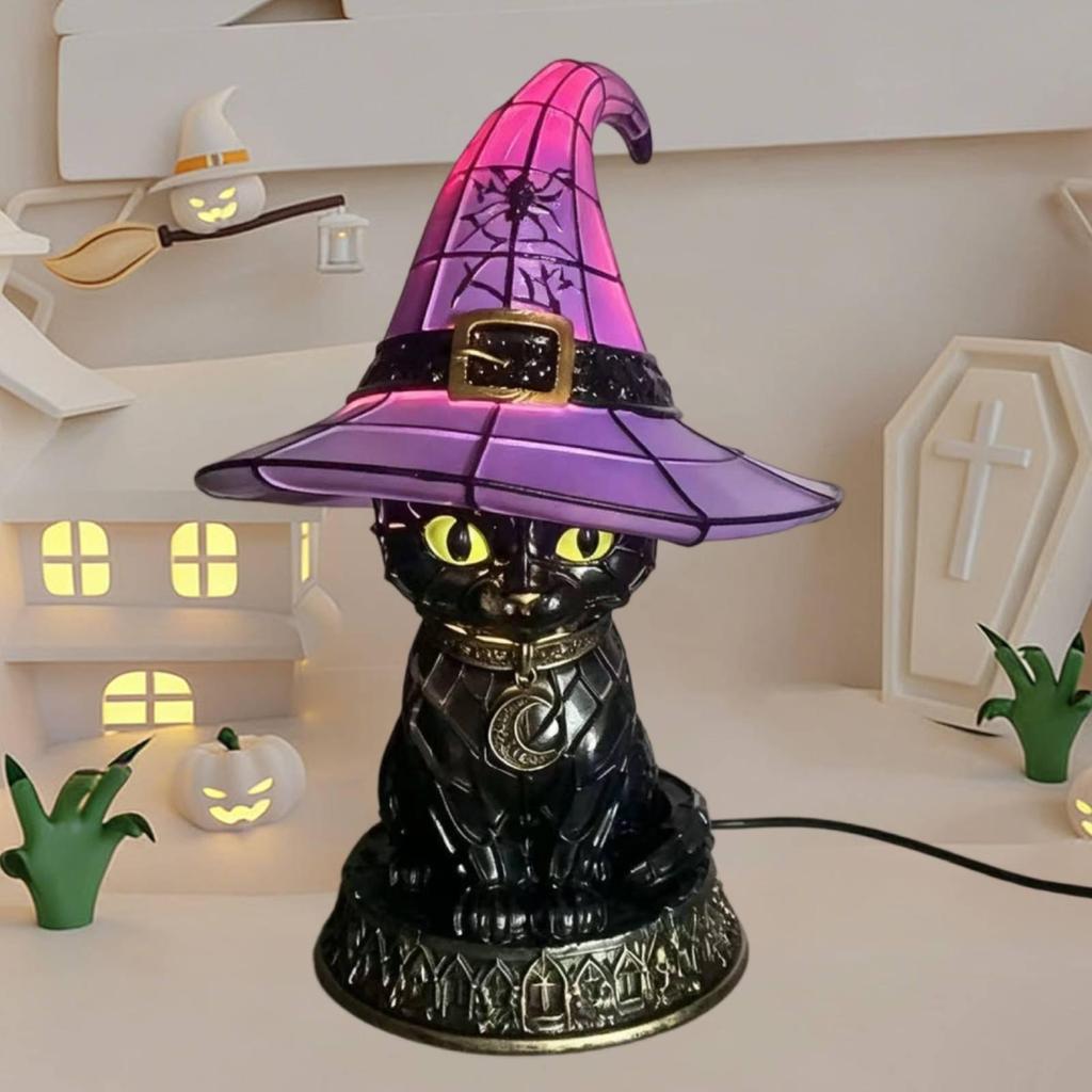 Black Cat Witch Hat Lamp Decorative Gift Halloween Lighting Decor Gothic Night Light