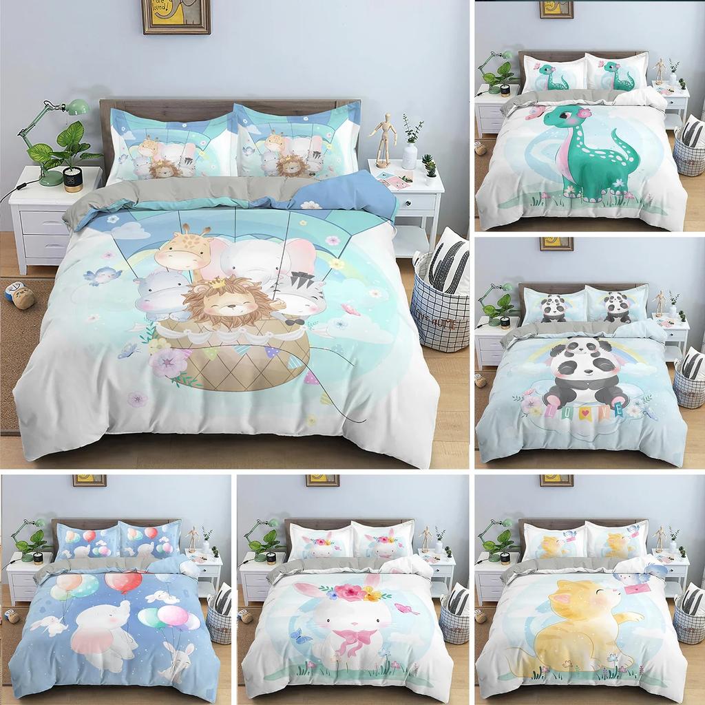 Cartoon Animal Duvet Cover Set Kids Lion Hippo Giraffe Pattern Bedding Set Polyester Single Twin Queen King Size Comforter Cover