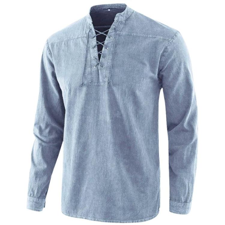 Men's Spring Solid Color Retro Durable Stand Up Collar Shirt, Youth Long Sleeved Casual Pullover Top