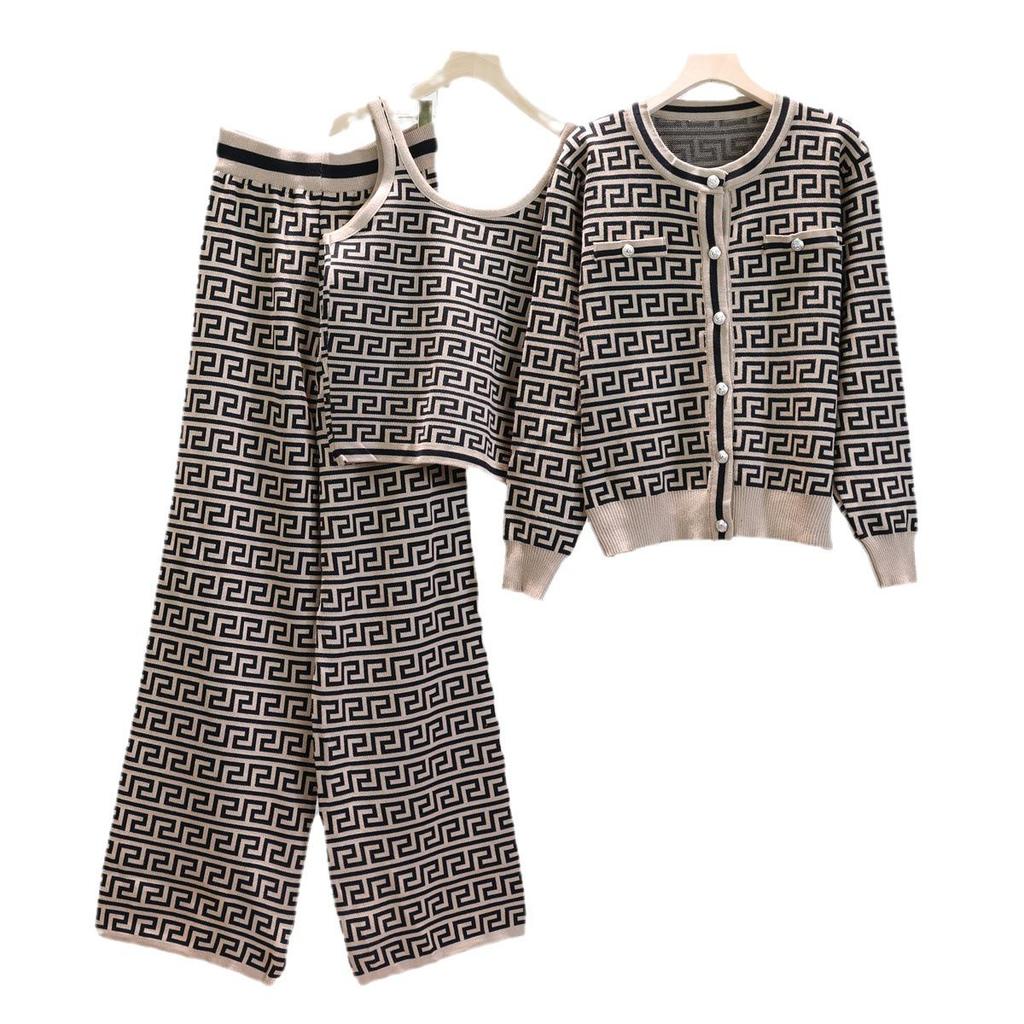 Women's Autumn/Winter Jacquard Knit Cardigan, Vest, and Wide-Leg Pants Set