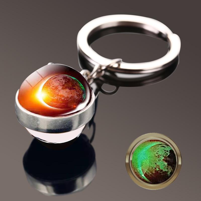 Double-Sided Glass Galaxy Keychain with Moon, Earth, Mars Pendants