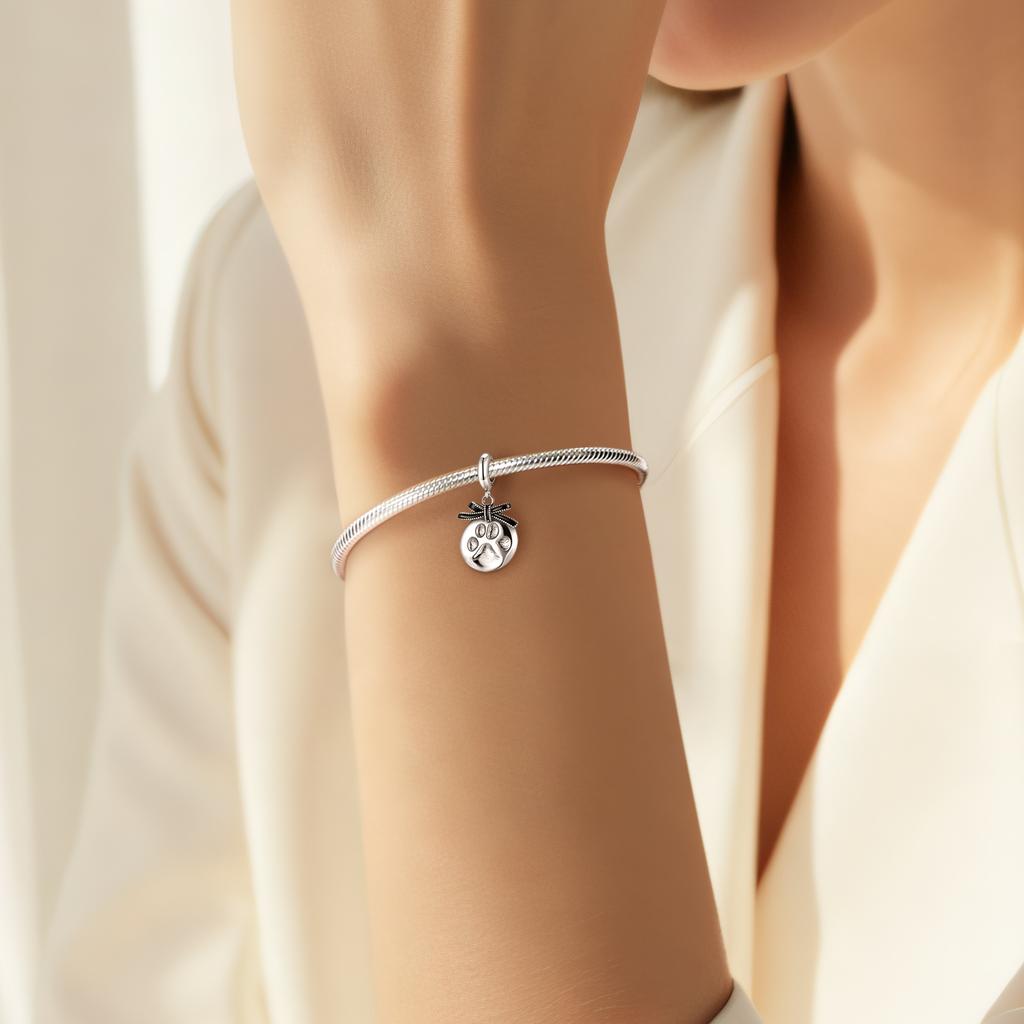 Cute Paw Print Pendant Charm Authentic 925 Sterling Silver Bowknot Beads for Women Charm Bracelet Necklace Jewelry Making Trendy