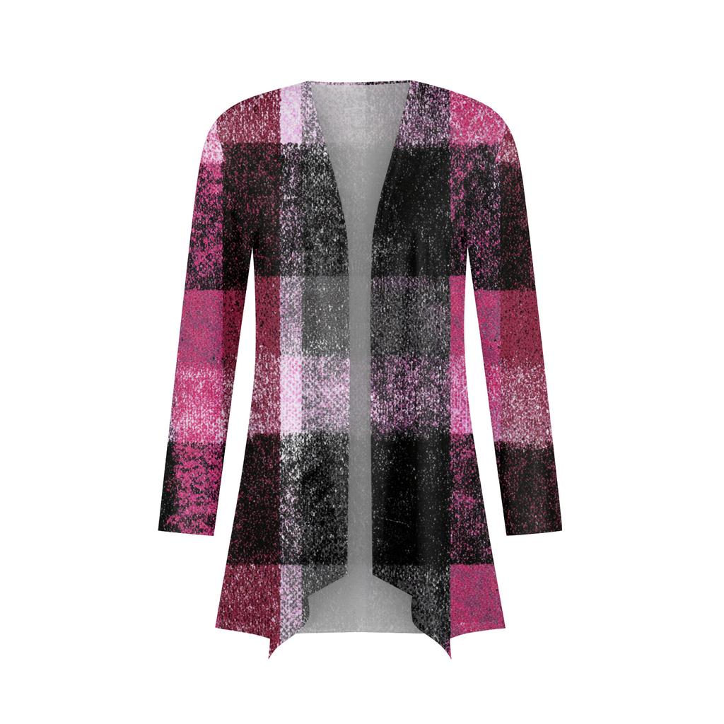 Women's Casual Fashion Plaid Print Half-open Collar Mid-length Irregular Hem Cardigan Jacket