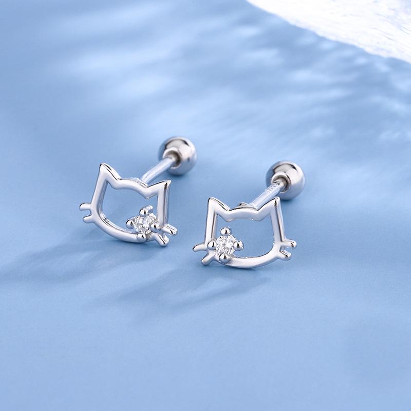S999 Sterling Silver Zirconia Hollow Cat Stud Earrings for Women - No Need To Remove, Simple & Cute Design