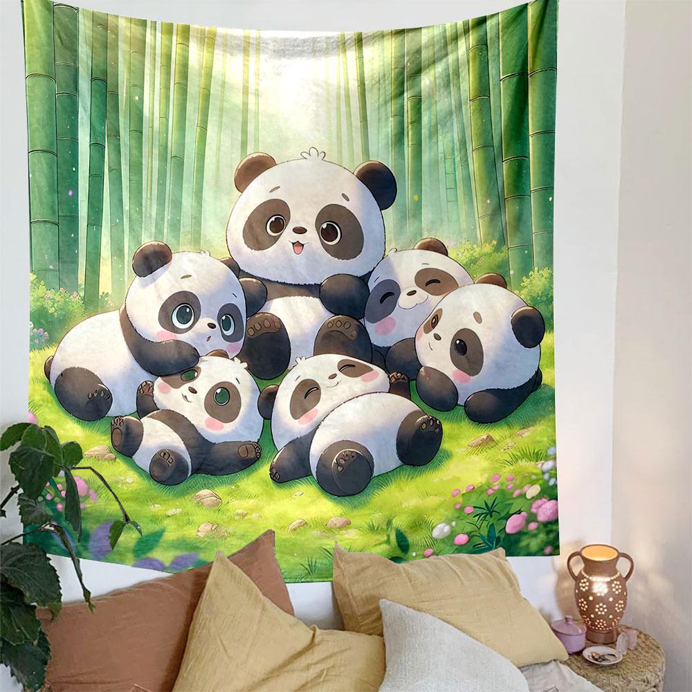 Cute Panda Family in Bamboo Forest Patterned Tapestry Decorative Wall Hanging, Home Bedroom Living Room Decor