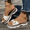 Fashion Retro Diamond Decor Pu Leather Slippers Women Chic Buckle Design Patchwork Med Heel Sandals Female Roman Thick Sole Slides Mujer