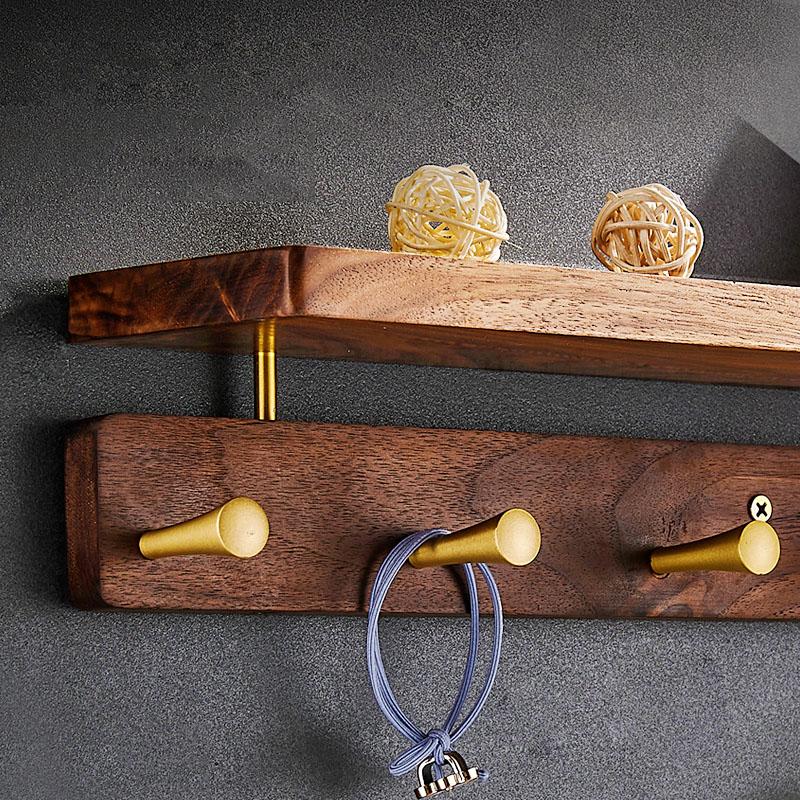 Walnuss Badezimmerregal mit Haken Wandmontierter Kleiderhakenständer Kleider Bademantel Handtuchhaken Hut Tasche Haken Duschaufbewahrung Regal