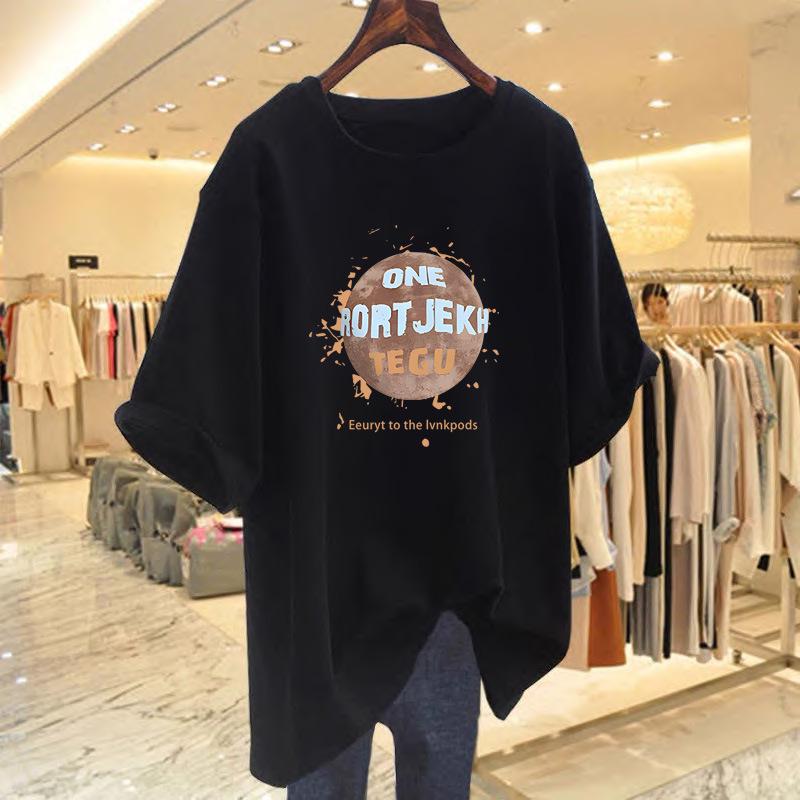 

Женская футболка свободного кроя из чистого хлопка с принтом букв и круглым вырезом - Летний топ большого размера XL