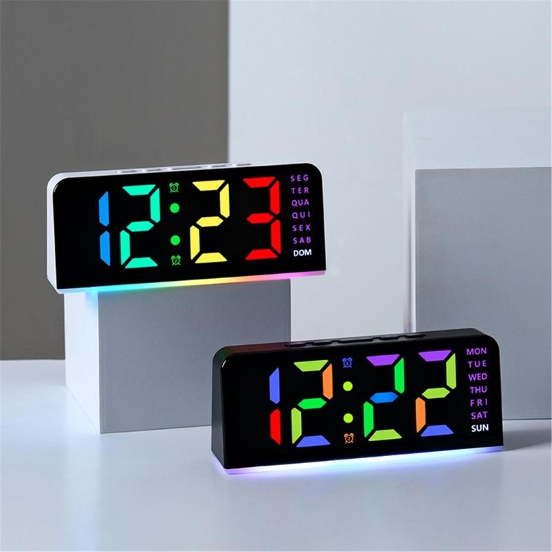 Color Changing Bedside Clock LED Time Week Date Display Quiet Night Light Brightness Adjustable Home Bedroom Accessory