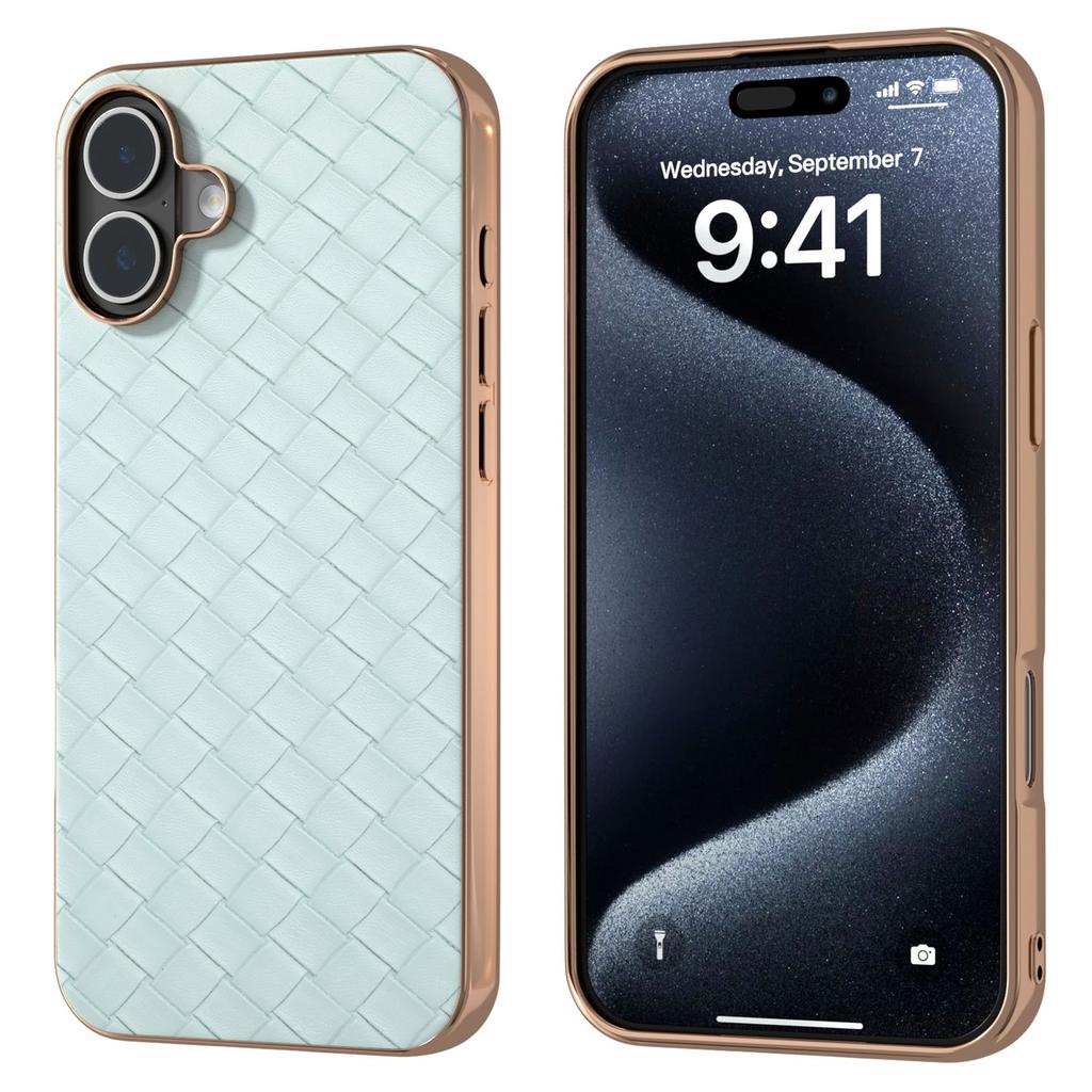 For iPhone 16 Plus Case Woven Texture Electroplating Edge Leather Coated PC+TPU Phone Cover