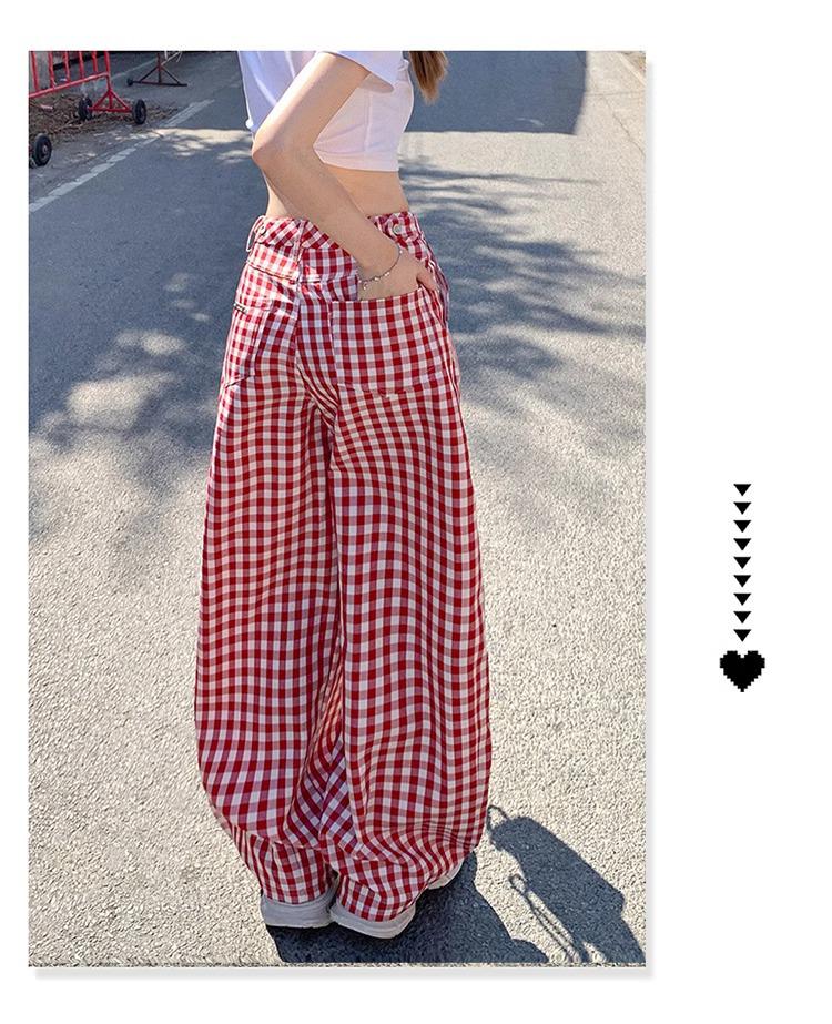 Women's Retro Red Plaid High-Waisted Wide-Leg Pants - 2025 Spring Collection
