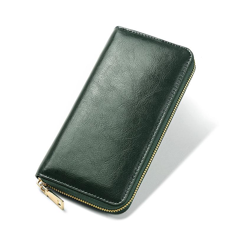 New Oil Wax Pattern Cowhide Women's Zipper Wallet Long Leather Large Capacity Handbag