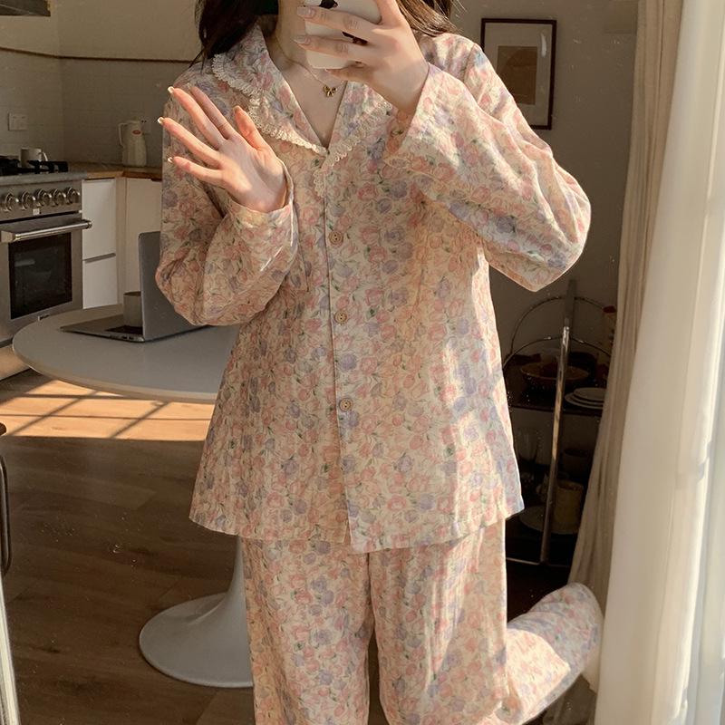 Ladies' Cartoon Pajama Set: Cotton Gauze, Long Sleeve & Pants, Thin Cardigan, Spring/Autumn Style.