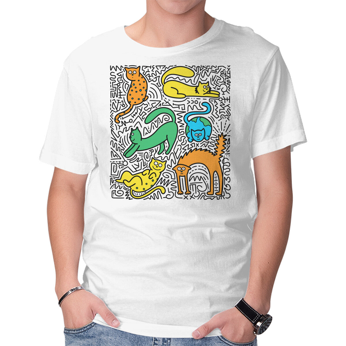 Unisex Crew Neck T-Shirt Kitty Haring Graphic Short Sleeve Casual Tee XXXL