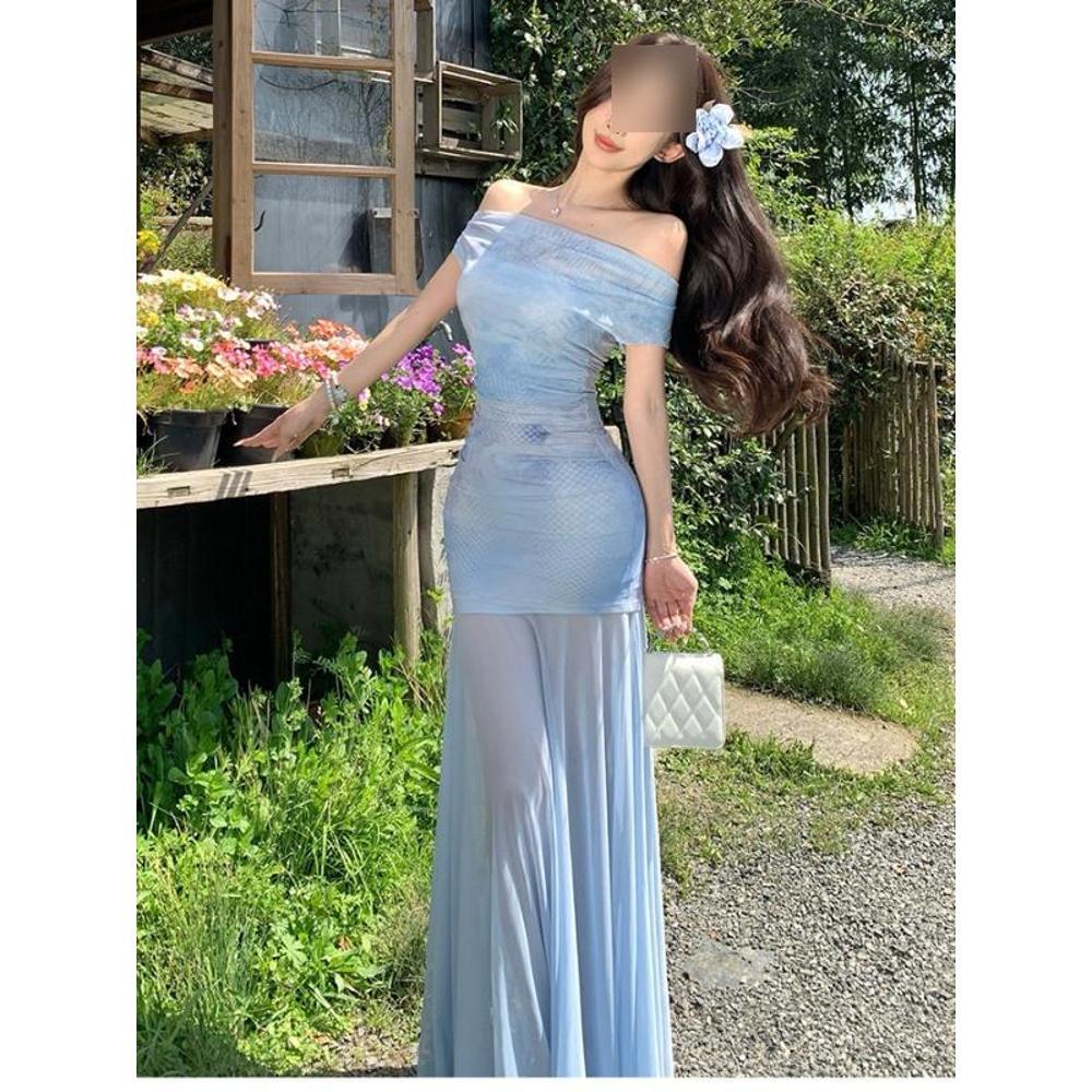 Wind Tube Top Tulle Slimming Holiday Slanted Shoulder Atmosphere Slightly Transparent Kinked Long Dress Dress Women's Summer