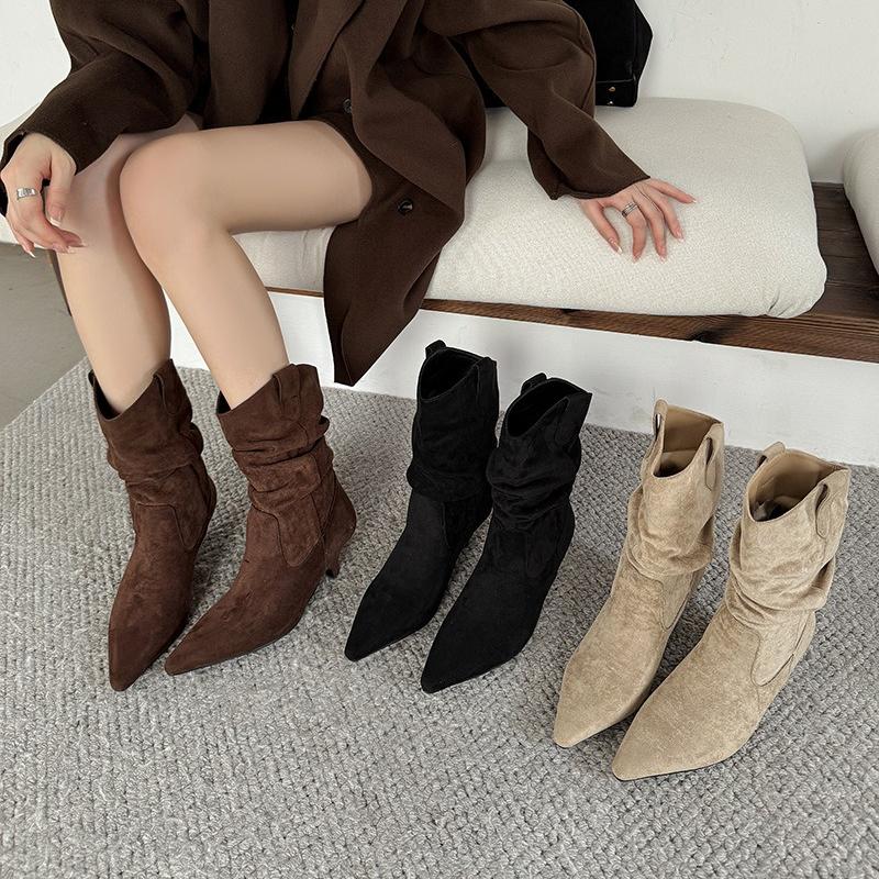 Fashion High Quality Faux Suede Kitten Heel Ankle Boots Women Fashion Pointed Toe Sewing Pleated Designer Boots Comfortable Modern Boots