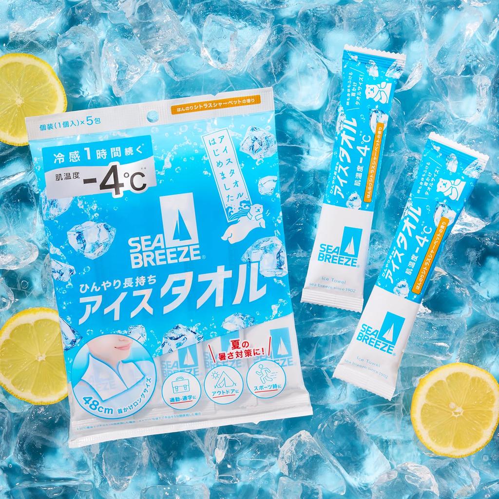 SEA BREEZE Ice Towel Citrus Sherbet 5 sheets x 3 sets Cooling large for face and and Removes excess + sample. towel, long-lasting cooling, size, body.