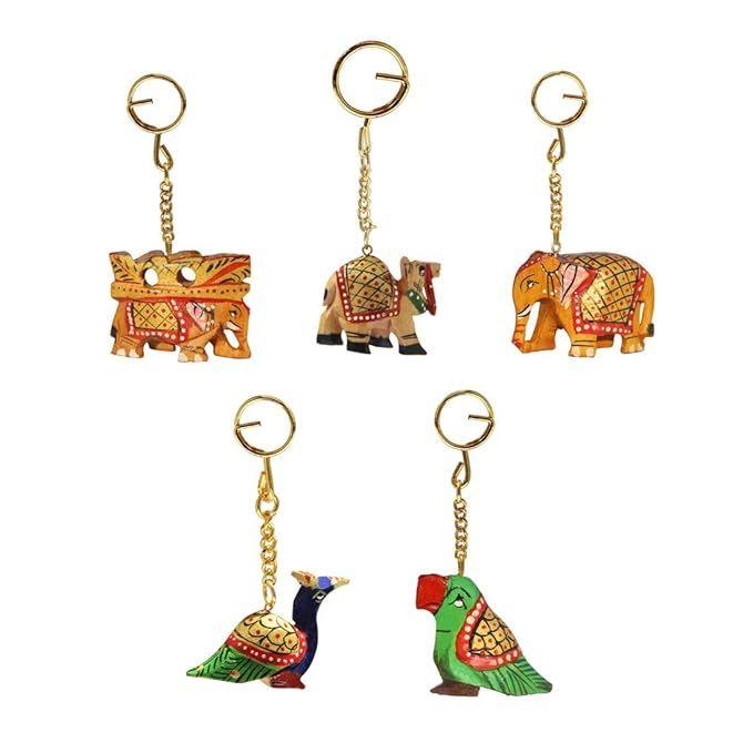 Unisex Carved Wooden Multicolour Key Ring - Set of 5
