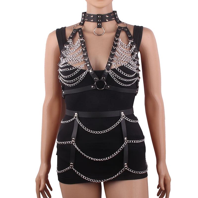 Gargantilla de Cuero Multicapa con Borlas y Cadena de Aleación para Pecho y Cintura, Superventas Transfronteriza