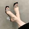Mode Sommar Ny Stil Transparent Strass Fyrkantig Tå Tofflor Trendiga Kristall Höga Klackar Kvinna Sexig Strippa Party Tofflor