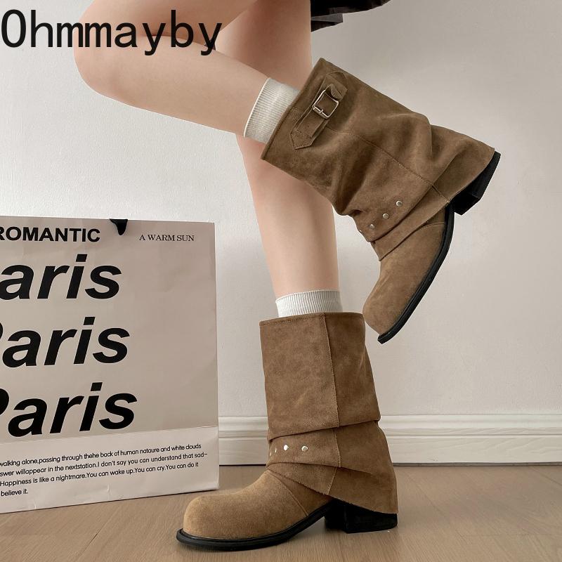 Zimowe plisowane damskie zachodnie botki modne buty z klamrą na pasek z nitami damskie zwięzłe vintage botki na grubym obcasie