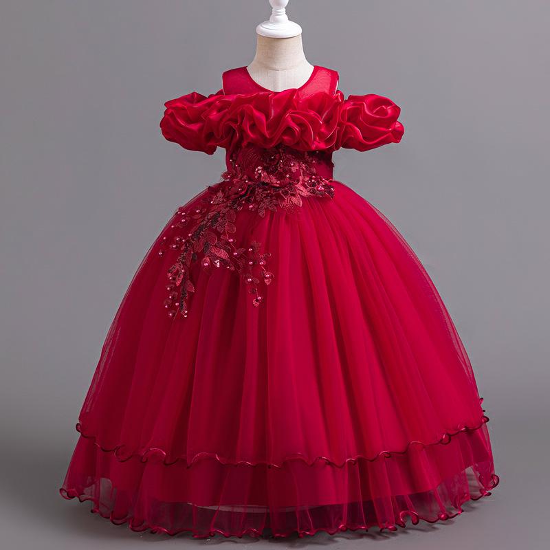 

Cross-Border Girls One-Shoulder Formal Dress - Princess Wedding Flower Girl Gown for Birthdays & Performances 160 cm вино красного