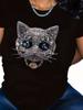 Rhinestone Cat Head Sparkly Graphic T-shirt