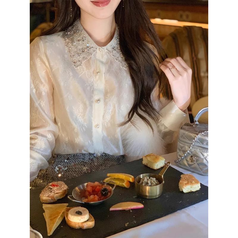 Women s Embroidered Lace Lapel Blouse S