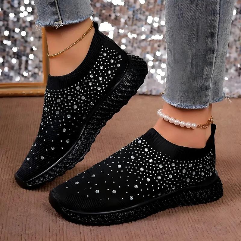 Shiny Black Women Sneakers Breathable Knitted Non Slip Casual Walking Shoes Woman Comfortable Soft Bottom Loafers Flats