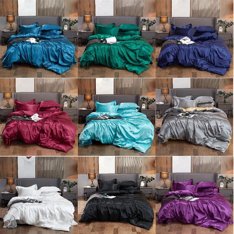Satin Flat Bed Sheet Smooth Luxury Satin Silk Bedding Set with Duvet Cover Bed Sheet 1 Duvet Cover+1 Bed Sheet+2 Pillowcases