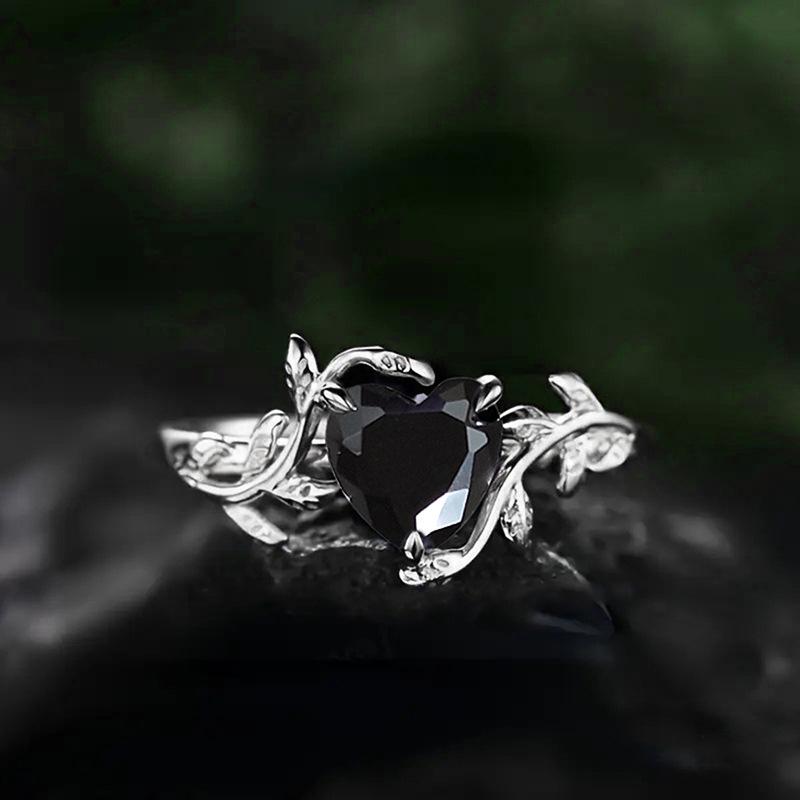 

European and American Sweet Cool Style Thorn Black Heart Ring Women High End Temperament Leaf Branches Love Zircon Accessories 8