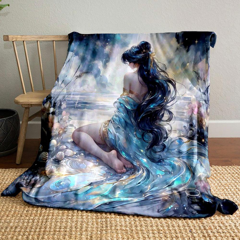 "Elegant Goddess by the Ocean" Patterned Blanket, Flannel, Suitable for All Seasons, Home Decor, Warm and Cozy
