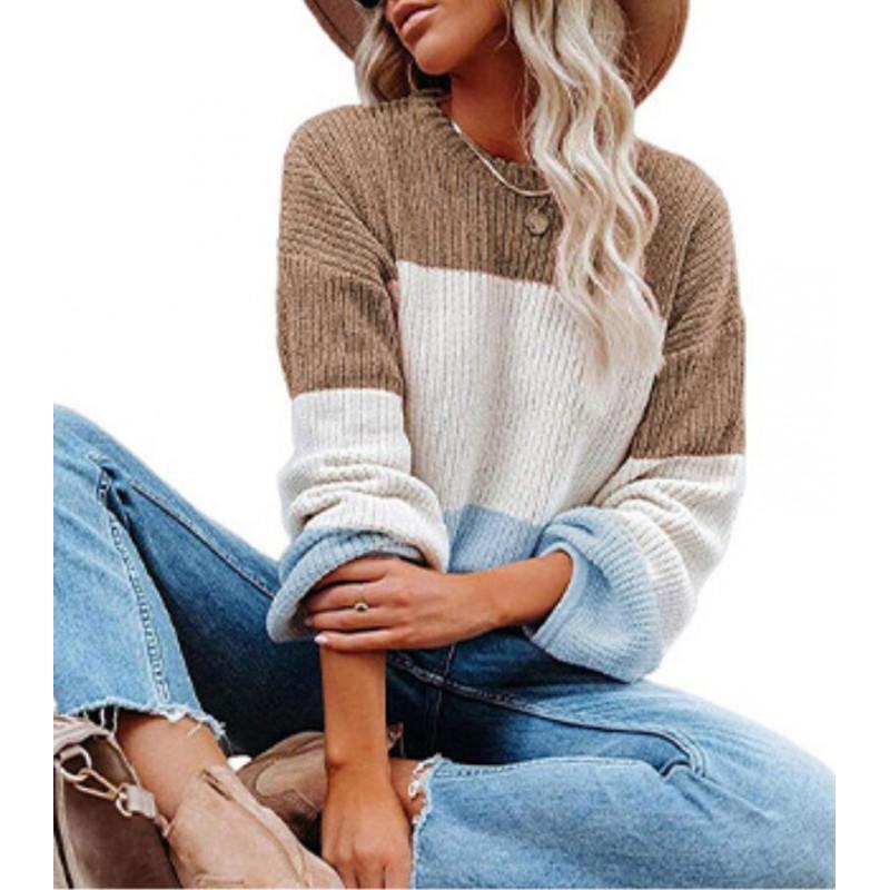 Womens Winter Loose Knit Sweater With Color Block Lantern Sleeves Round Neck Long Sleeve