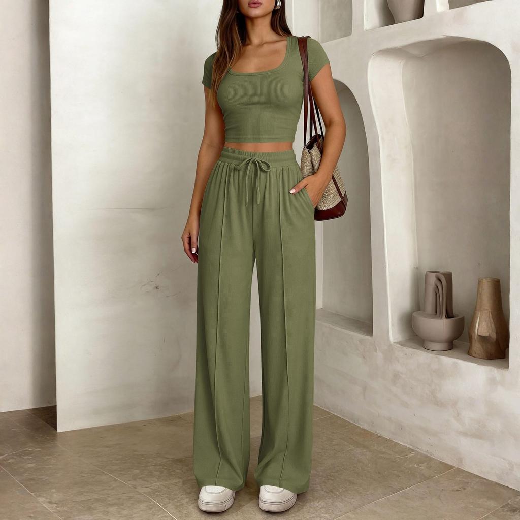Ladies' Casual Slim Fit Two-piece Set With Short Sleeves And Long Pants