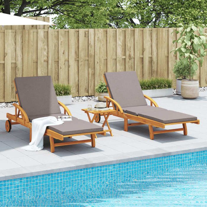 VidaXL Chaises longues lot de 2 avec table bois massif d'acacia, lit de bronzage, chaise longue d'extérieur, lit de jour 3206368