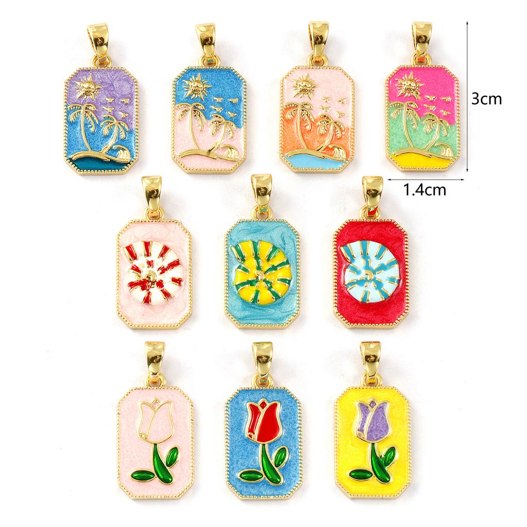 2Pcs Brass Pendants 18K Gold Plated Enamel Octagon Pearlescent Sun Coconut Tree Conch Tulip Pendants Necklace DIY 3cm X 1.4cm