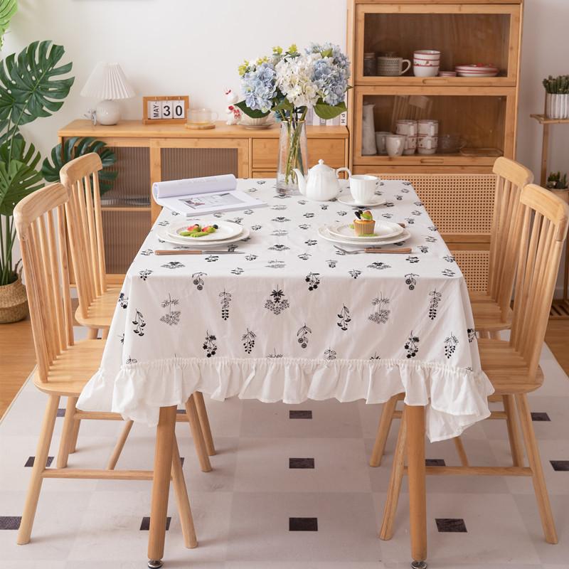 Small Fresh Cotton Black And White Embroidery Flower Ruffle Edge Wrinkle Beautify Fungus Edge Coffee Table Tablecloth Dining Table Cloth