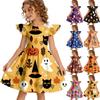 Girls Halloween Casual Dress Round Neck Ruffle Sleeve A-Line Dress Soft Comfortable Fabric Suitable for Daily Wear and Parties