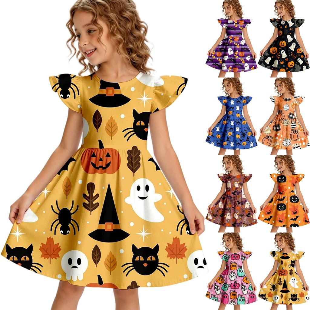 Girls Halloween Casual Dress Round Neck Ruffle Sleeve A-Line Dress Soft Comfortable Fabric Suitable for Daily Wear and Parties