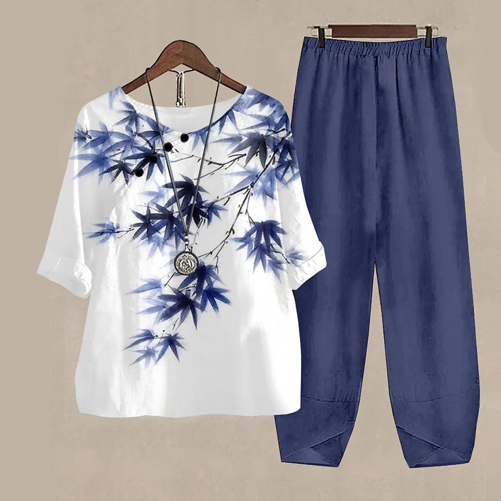 

Женский синий костюм с цветочным принтом, темпераментный круглый вырез, рукав три четверти, широкие брюки, повседневный и удобный комплект из двух предметов XL