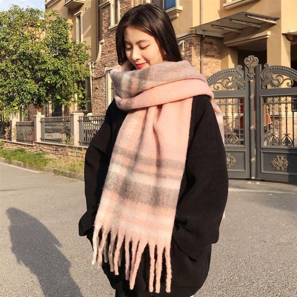 Cold Proof Women Mohair Plaid Scarf Thermal Fall Winter Neck Scarf Warm Tassel Shawl Wrap Students