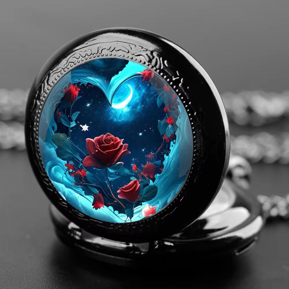Rote Rose Blaue Sternen Quartzwerk Taschenuhr, Stilvolle Schwarze Halskette, Klassische Exquisite Geschenkuhr Für Frauen Mädchen