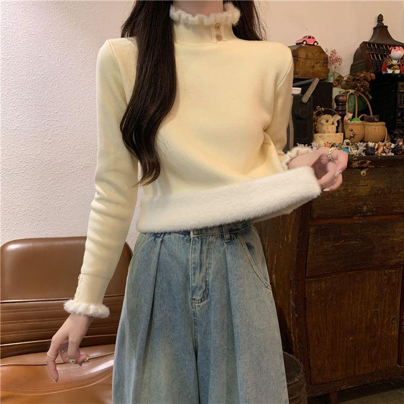 Women s Slim-Fit Fleece-Lined Knitted Sweater, Warm Semi-High Collar Base Shirt for Autumn and Winter S