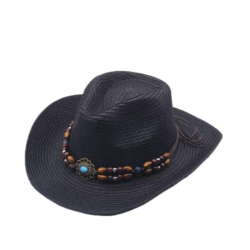 Spring and summer ethnic style western denim straw hat European and American men and women foldable windbreak rope knight sun hat adult
